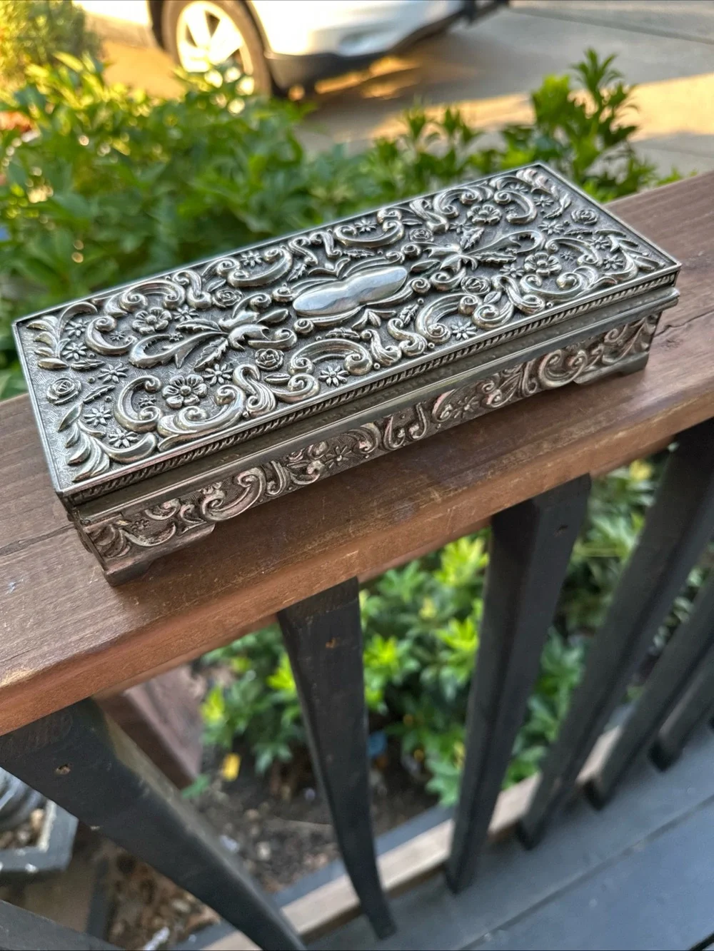 Godinger Silver Plated Ornate Floral Jewelry Box Integrated Mirror Velvet Lined